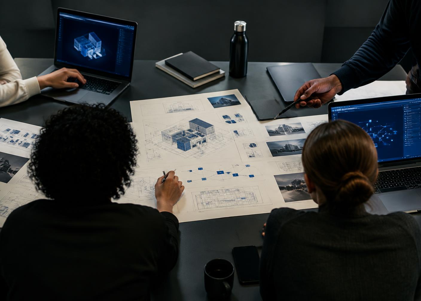 People collaborating around technical diagrams; illustrative imagery, not Fert Organic GmbH personnel or offices