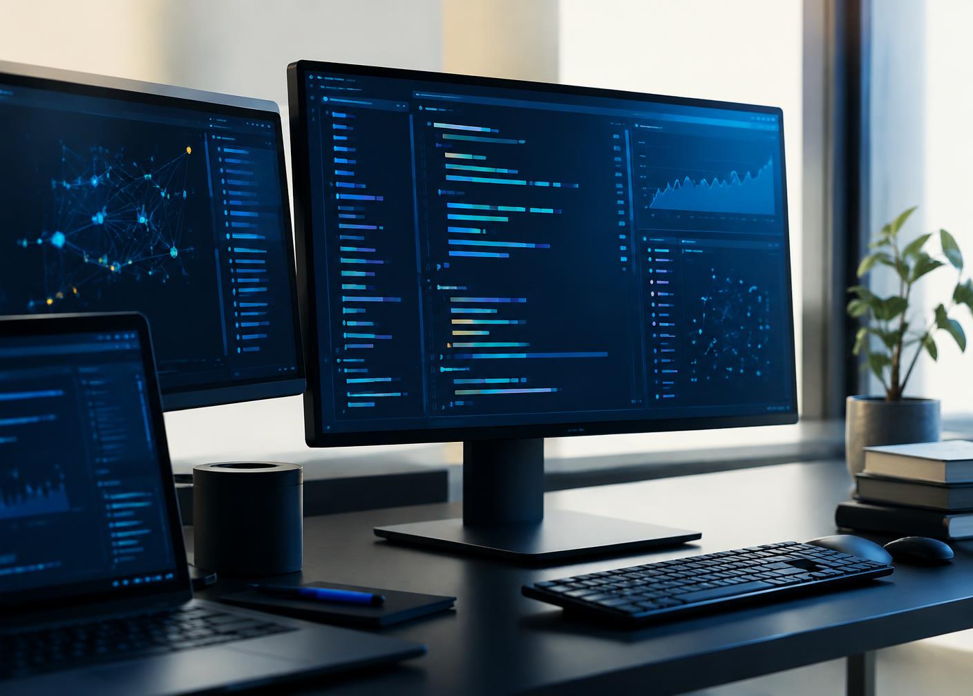 Multiple monitors displaying abstract software engineering interfaces